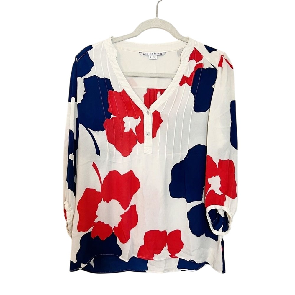 Annie‎ Griffin Silk Poppy Blouse Red Blue Large